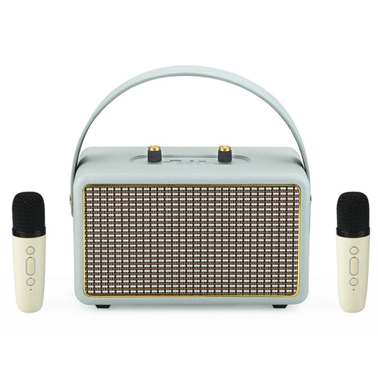 Leather Texture Portable Wooden Home Karaoke Bluetooth Speaker, Color: Gray+Dual-microphone - Desktop Speaker by buy2fix | Online Shopping UK | buy2fix