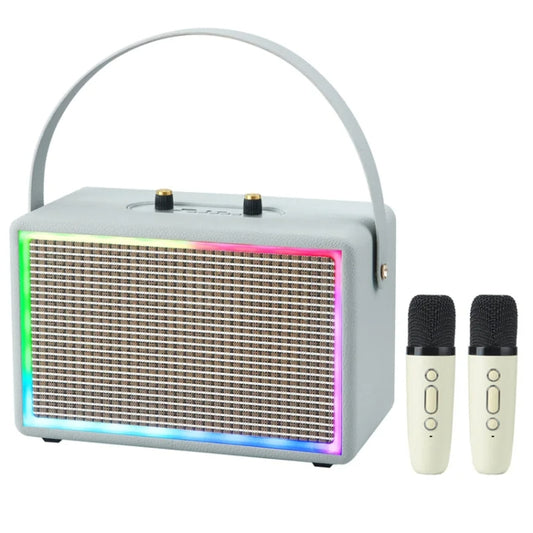Leather Colorful Light Effect Karaoke Audio Retro Outdoor Bluetooth Speaker, Style: Dual-microphone(Gray) - Desktop Speaker by buy2fix | Online Shopping UK | buy2fix