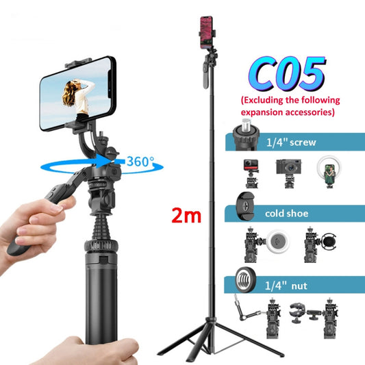 2m Metal Tripod Selfie Stick With 4 Expansion Interfaces for Phone Camera(Black) by buy2fix