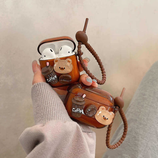 For AirPods 3 Cartoon 3D Coffee Bear Headphones Case Protective Shell Cover by buy2fix