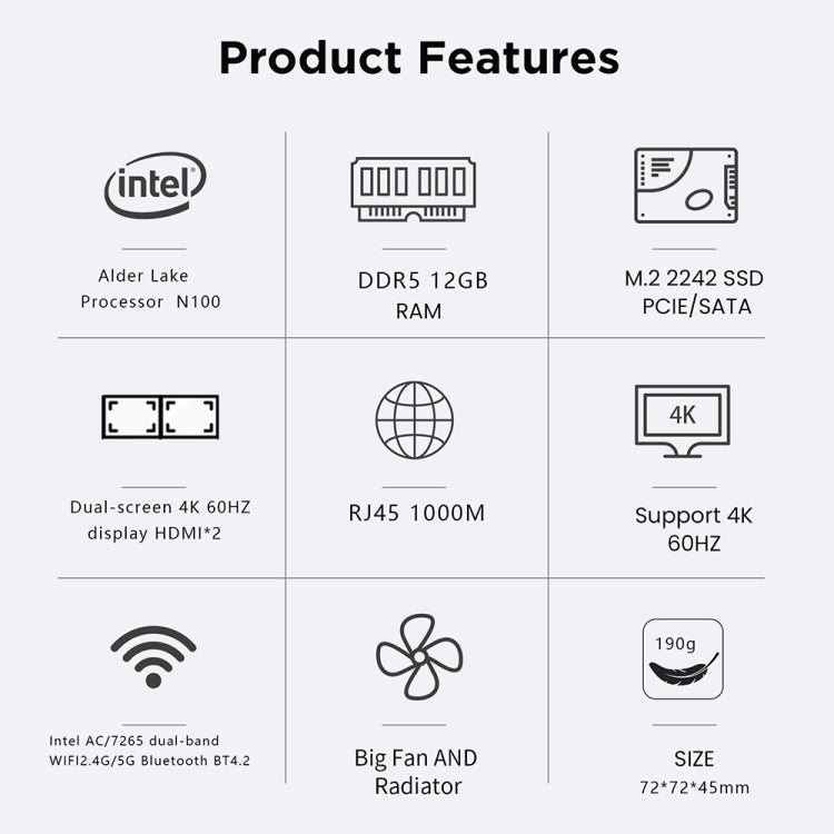 N100/DDR5 12th AlderLake-N100 Dual 4K60Hz Office And Home Mini PC, Spec: 12G+128G /EU Plug - Windows Mini PCs by buy2fix | Online Shopping UK | buy2fix