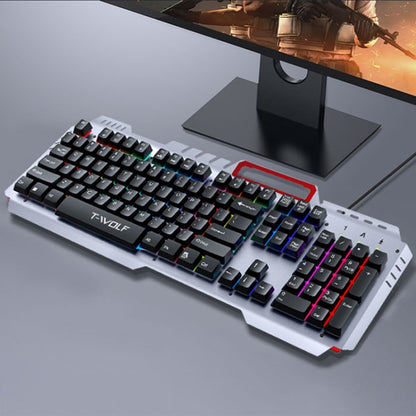 T-WOLF 130cm Line Length Cool Lighting Effect Metal Plate Gaming Wired Keyboard With Phone Holder(T16) - Wired Keyboard by T-WOLF | Online Shopping UK | buy2fix