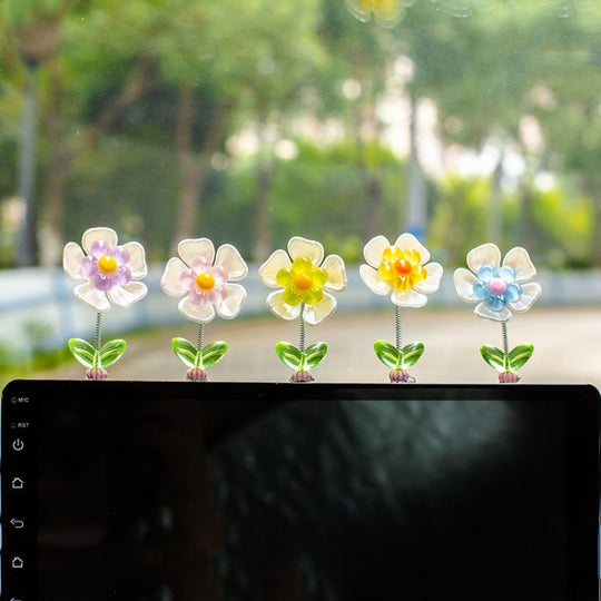 5pcs /Set Cute Cartoon Flower Car Shaking Ornament Car Dashboard Decoration, Style: Green Leaf Transparent