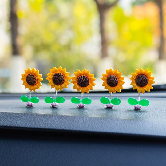 5pcs /Set Cute Sunflower Car Ornament Car Center Console Shaking Flowers Decoration, Style: A Model Green Leaves