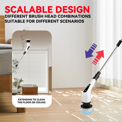 Cordless Electric Spin Scrubber Extension Handle with 7 Replacement Heads(White) - Handheld Cleaner & Mops by buy2fix | Online Shopping UK | buy2fix