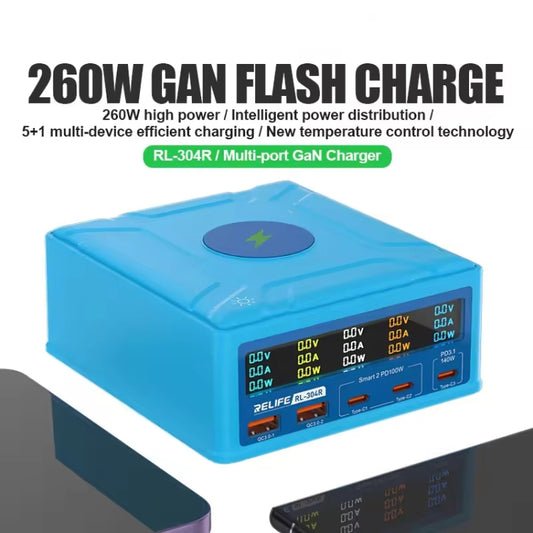 RELIFE RL-304R 5-Port 260W GaN Smart USB Fast Charger With 15W Wireless Chargind LCD Display(US Plug) by RELIFE