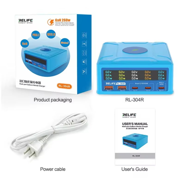 RELIFE RL-304R 5-Port 260W GaN Smart USB Fast Charger With 15W Wireless Chargind LCD Display(EU Plug) - Multifunction Charger by RELIFE | Online Shopping UK | buy2fix