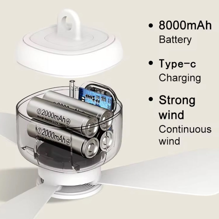 Mini Ceiling Fan Portable Camping Fan With Light &  Remote Built In 8000mAh Battery(White) - Electric Fans by buy2fix | Online Shopping UK | buy2fix