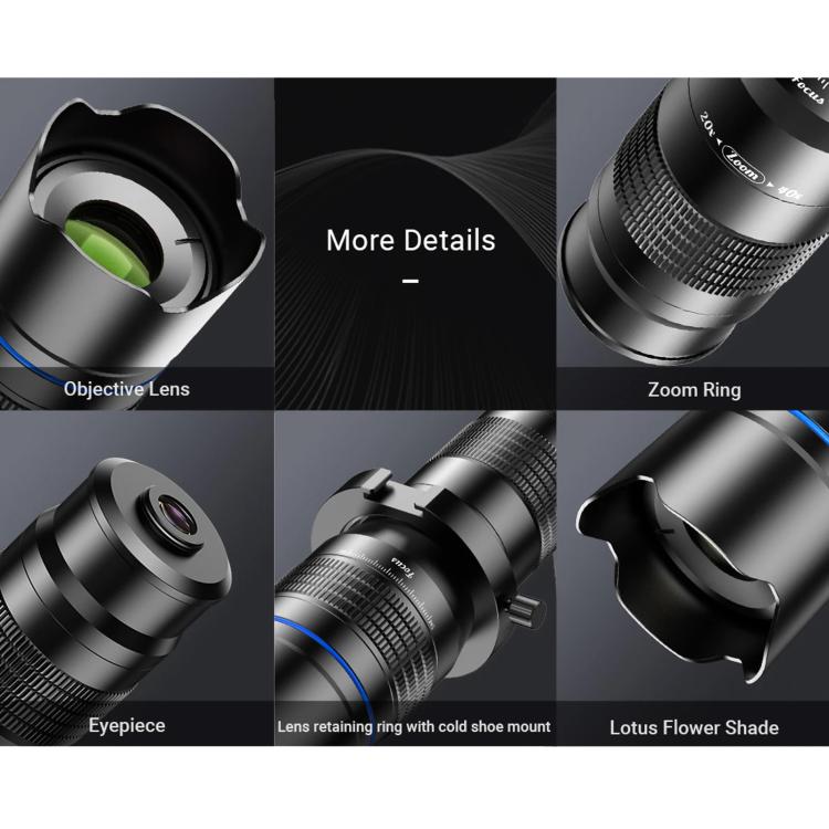 APEXEL APL-20-40XCR50 20-40X Phone Zoom Lens Kit with Adjustable 42-129cm Tripod HD Telephoto Lens for Moon, Concert Photography - Lens & Accessories by APEXEL | Online Shopping UK | buy2fix
