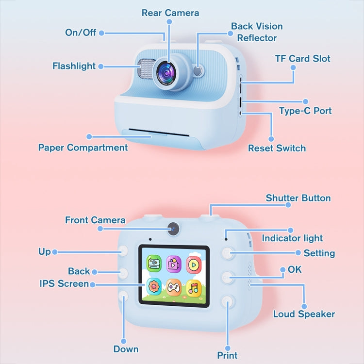 M8 2.4-Inch 1080P HD 2400W Pixel Dual-Camera Children Thermal Printing Camera, Color: Blue - Children Cameras by buy2fix | Online Shopping UK | buy2fix