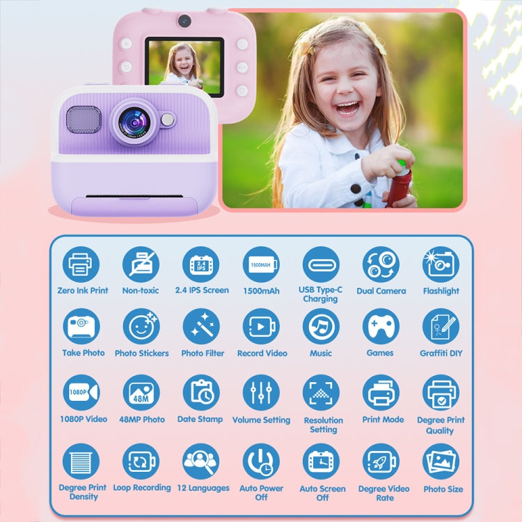 M8 2.4-Inch 1080P HD 2400W Pixel Dual-Camera Children Thermal Printing Camera, Color: Purple - Children Cameras by buy2fix | Online Shopping UK | buy2fix