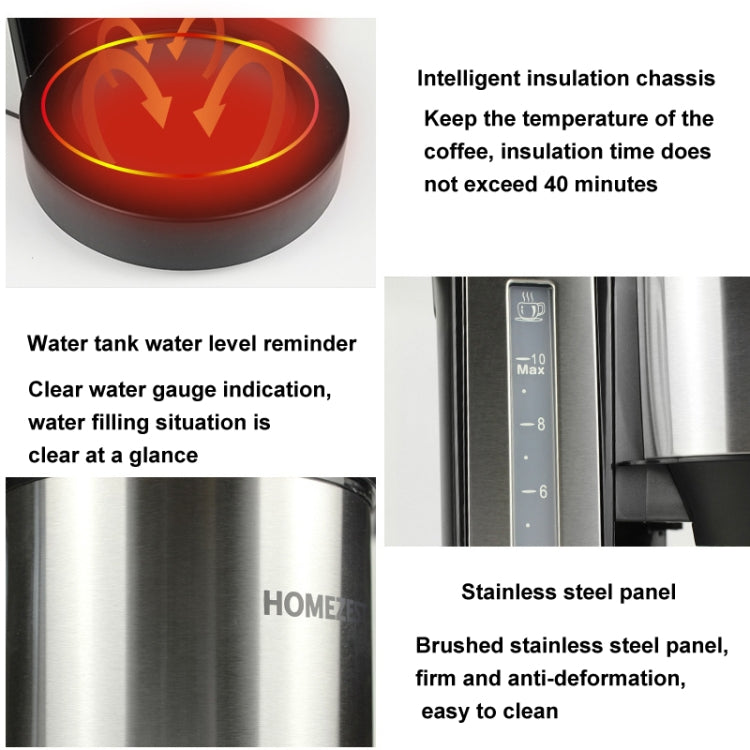 HOMEZEST 750W Drip Coffee Maker and Tea Brewer Stainless Steel Panel with 1.25L Glass Carafe, 12-Cup Large Capacity(Black EU Plug) - Coffee Tools by HOMEZEST | Online Shopping UK | buy2fix