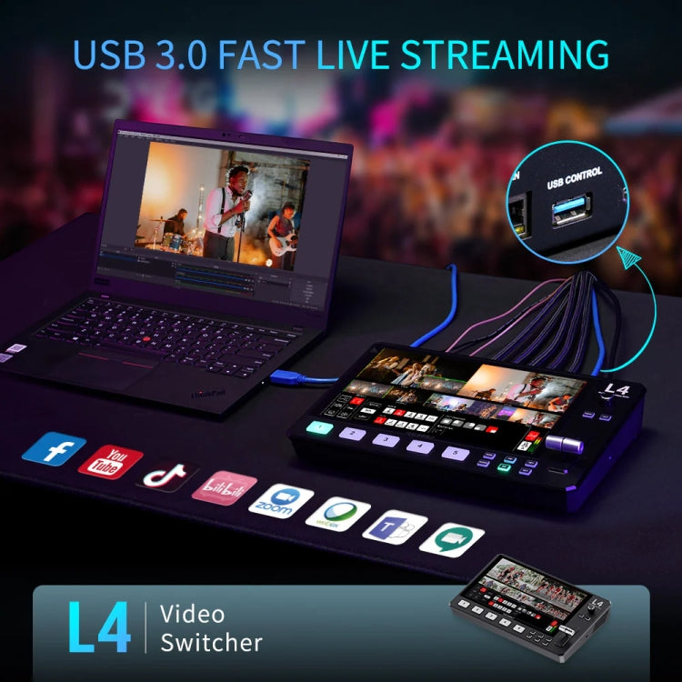 FEELWORLD L4 Multi-Camera Video Mixer Switcher 10.1" Touch Screen USB 3.0 Fast Streaming(EU Plug) - On-camera Monitors by FEELWORLD | Online Shopping UK | buy2fix