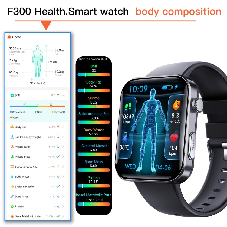 F300  2.1-Inch Screen Smart Watch Supports Bluetooth Calls/ECG/Blood Composition Analysis/50+ Sports Modes, Color: Black Milan - Smart Watches by buy2fix | Online Shopping UK | buy2fix