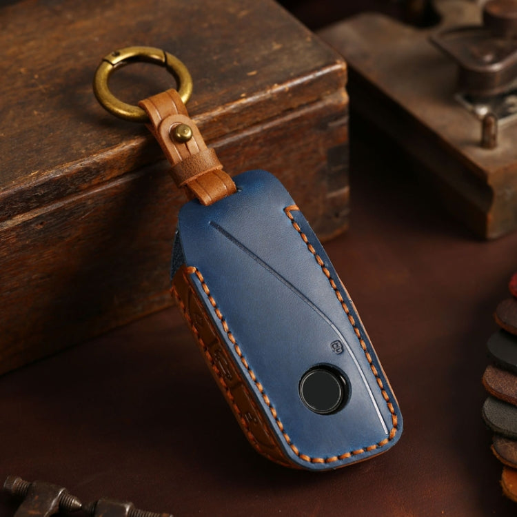 For 2024 BMW X7 Hallmo Cowhide Car Key Protection Cover(Blue) by Hallmo