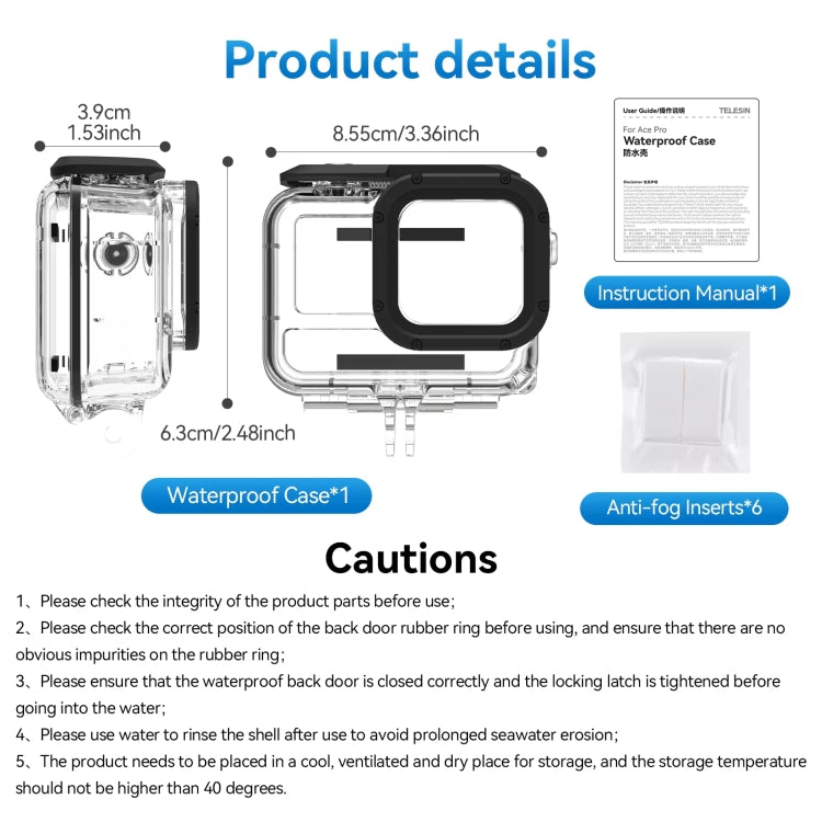 For Insta360 Ace Pro Camera TELESIN 45m Waterproof Case Underwater Diving Housing Cover - Case & Bags by TELESIN | Online Shopping UK | buy2fix