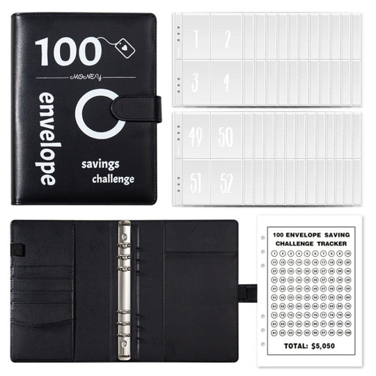 A5 100 Day Savings Challenge Envelope Budget Planner Binder Notebook Handbook, Color: Pattern Black
