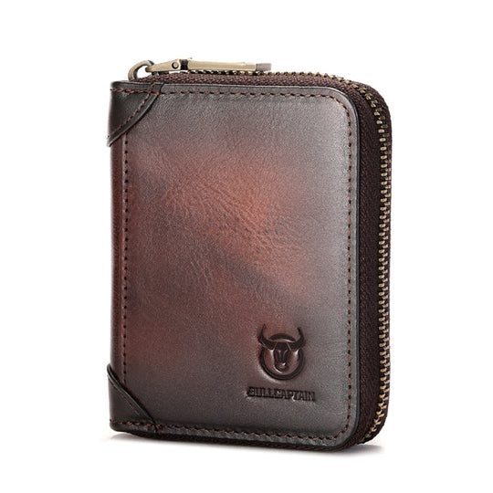 BULL CAPTAIN 475 RFID Anti-Theft Zipper Top-Layer Cowhide Multi-Card Slot Card Holder Wallet(Coffee)