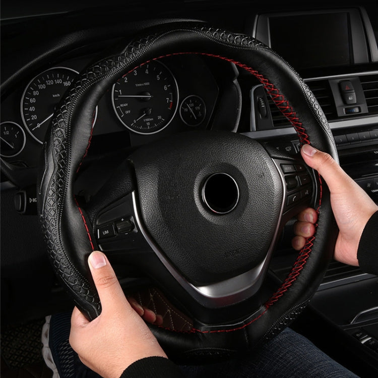 38cm Four-Season Embossed Hand-Sewn Cowhide Steering Wheel Cover(Black+Red Line) - Steering Wheel Accessories by buy2fix | Online Shopping UK | buy2fix