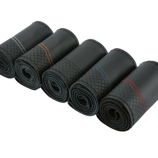 38cm Cowhide Embossed Hand-Stitched Double-Line Steering Wheel Cover(Black Red Line) by buy2fix