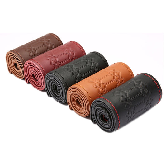 38cm Four-season Embossed Hand-sewn Cowhide Steering Wheel Cover(Coffee) by buy2fix