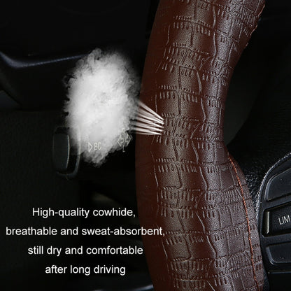 38cm Four-season Embossed Cowhide Hand-sewn Steering Wheel Cover(Brown) - Steering Wheel Accessories by buy2fix | Online Shopping UK | buy2fix