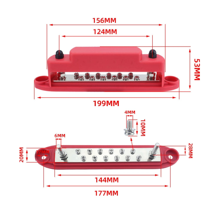 M6 2-post 12-way RV Yacht Terminal Nylon Flame Retardant Busbar, Color: Red by buy2fix