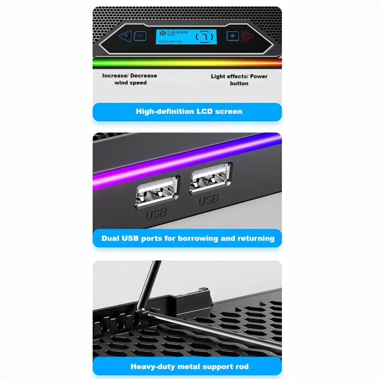 ICE COOREL K15C Smart Adjustable Laptop Radiator Base With RGB Lighting Effect, Color: 15 Fans by ICE COOREL