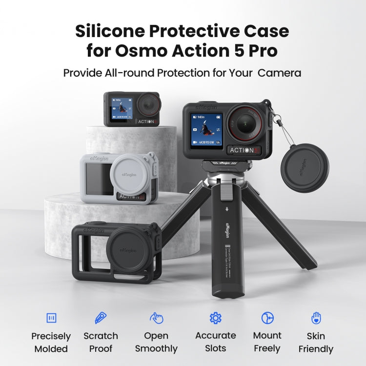 For DJI Osmo Action 5 Pro aMagisn Silicone Protective Case with Lanyard and Lens Cap(Black) -  by aMagisn | Online Shopping UK | buy2fix