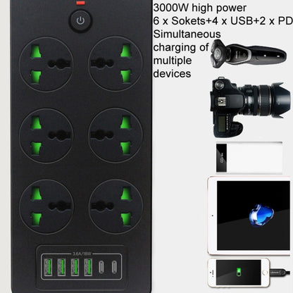 Thunderproof Overload Protection 4USB+2PD+6 Holes Socket, Color: Black UK Plug by buy2fix