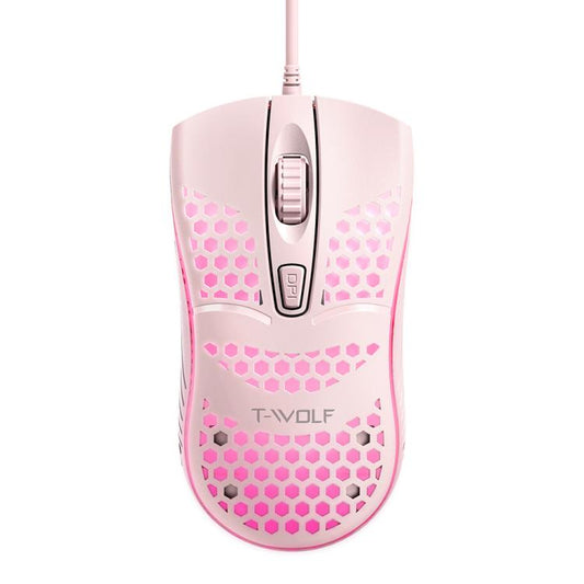 T-WOLF V15 Honeycomb Wired USB Gaming Mouse with RGB Lighting Ergonomic Hollow Design for PC Office Home Use(Pink) - Wired Mice by T-WOLF | Online Shopping UK | buy2fix