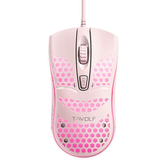 T-WOLF V15 Honeycomb Wired USB Gaming Mouse with RGB Lighting Ergonomic Hollow Design for PC Office Home Use(Pink)
