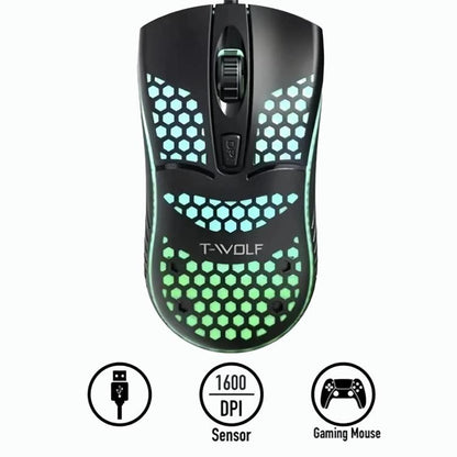 T-WOLF V15 Honeycomb Wired USB Gaming Mouse with RGB Lighting Ergonomic Hollow Design for PC Office Home Use(Pink) - Wired Mice by T-WOLF | Online Shopping UK | buy2fix
