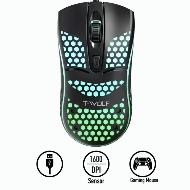 T-WOLF V15 Honeycomb Wired USB Gaming Mouse with RGB Lighting Ergonomic Hollow Design for PC Office Home Use(White) - Wired Mice by T-WOLF | Online Shopping UK | buy2fix