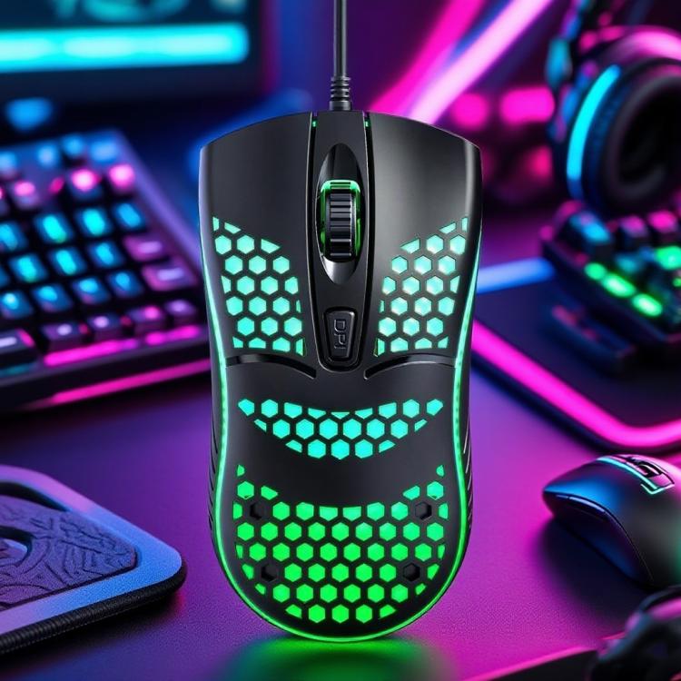 T-WOLF V15 Honeycomb Wired USB Gaming Mouse with RGB Lighting Ergonomic Hollow Design for PC Office Home Use(Black) - Wired Mice by T-WOLF | Online Shopping UK | buy2fix