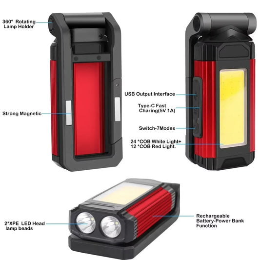 E-SMARTER K011 USB Rechargeable Repair Light With Magnet COB Strong Light Flashlight, Style: A Foldable Red by E-SMARTER