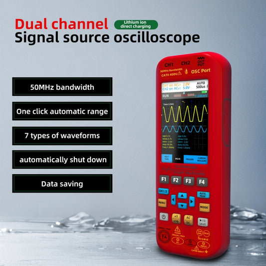 BSIDE O9 Digital Handheld Dual Channel 50MHz Oscilloscope Signal Source Multimeter, Spec: With Dual Oscilloscope Probe (Red) by BSIDE