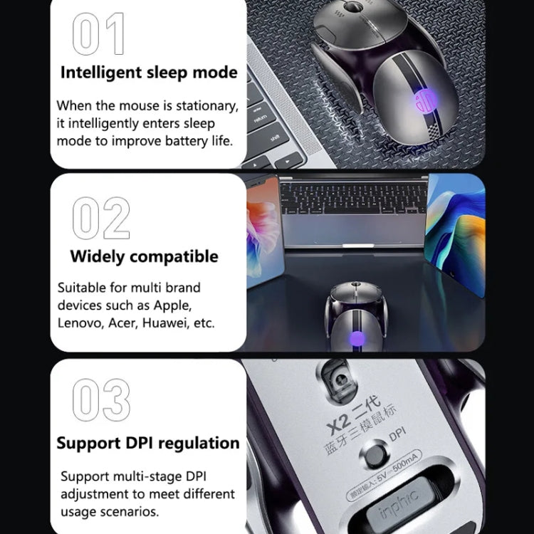 Inphic X2 Bluetooth Wireless Mouse Tri-Mode Silent Rechargeable Office Gaming Laptop Mouse(Liquid Metal Gray) - Wireless Mice by Inphic | Online Shopping UK | buy2fix