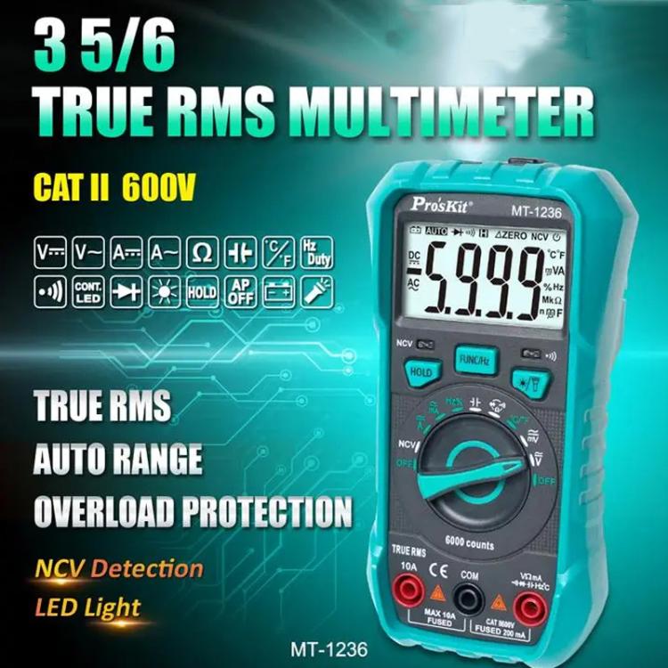 ProsKit MT-1236-C 3-5/6 True-RMS Digital Multimeter For ACA, ACV, DCA, DCV, Frequency, Cycle Duty, Diode Test(Green) - Digital Multimeter by ProsKit | Online Shopping UK | buy2fix