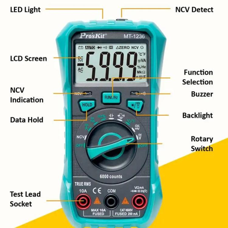 ProsKit MT-1236-C 3-5/6 True-RMS Digital Multimeter For ACA, ACV, DCA, DCV, Frequency, Cycle Duty, Diode Test(Green) - Digital Multimeter by ProsKit | Online Shopping UK | buy2fix