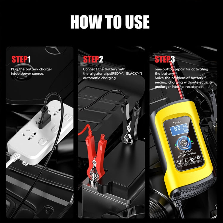 FOXSUR 12V8A SUV Car Motorcycle Intelligent Repair Type Lead-acid Battery Charger(US Plug) by FOXSUR