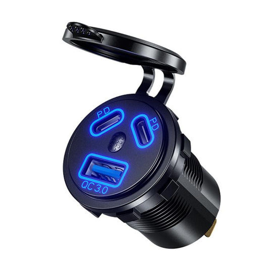 Kewig P22A 12-24V Vehicle Motorcycle Boat Modified Dual PD+QC3.0 3-Port Car Charger With Switch, Style: With Terminal(Blue Light) by Kewig