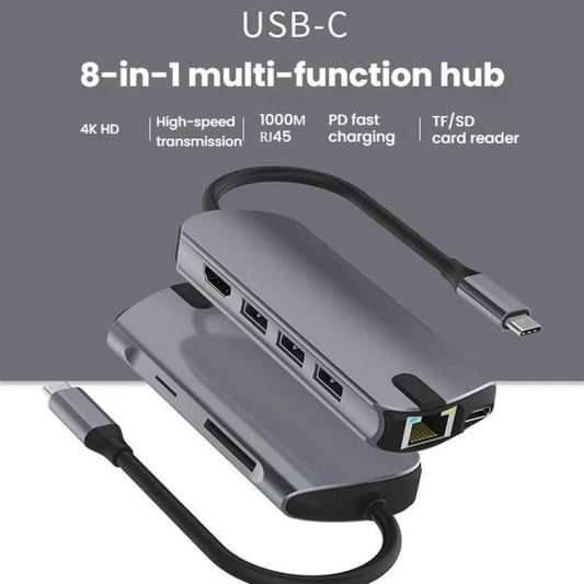 8-In-1 USB-C/Type-C Gigabit Ethernet Port Docking Station Hub HDMI 4K 60Hz - HUB with Lan adapter by buy2fix | Online Shopping UK | buy2fix