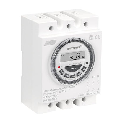 SINOTIMER TM619-380V 16A 3 Phase Timer Switch 7-Day Programmable Minimum Interval 1 Minute - Switch by SINOTIMER | Online Shopping UK | buy2fix