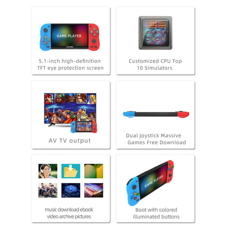 X19 Pro 5.1-inch Screen Handheld Game Console Supports AV TV Output With 8G Memory Card(Blue+Red) - Pocket Console by buy2fix | Online Shopping UK | buy2fix