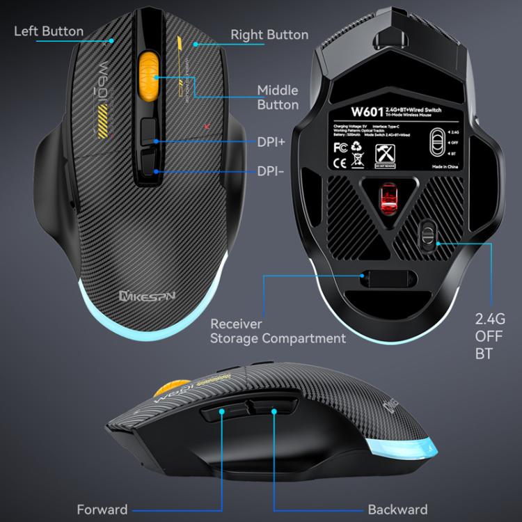 MKESPN W601 Silent Wireless Tri-mode Macro Gaming Mouse Carbon Fiber 12800DPI Bluetooth Mouse(Black) - Wireless Mice by MKESPN | Online Shopping UK | buy2fix