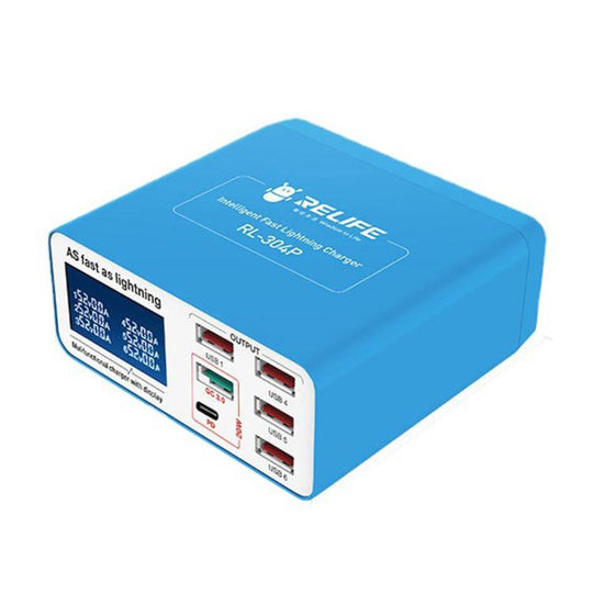 RELIFE RL-304P 6 Port Smart Digital Display Fast Charger Mobile Phone PD3.0+QC3.0 USB Charging Pile(US Plug)