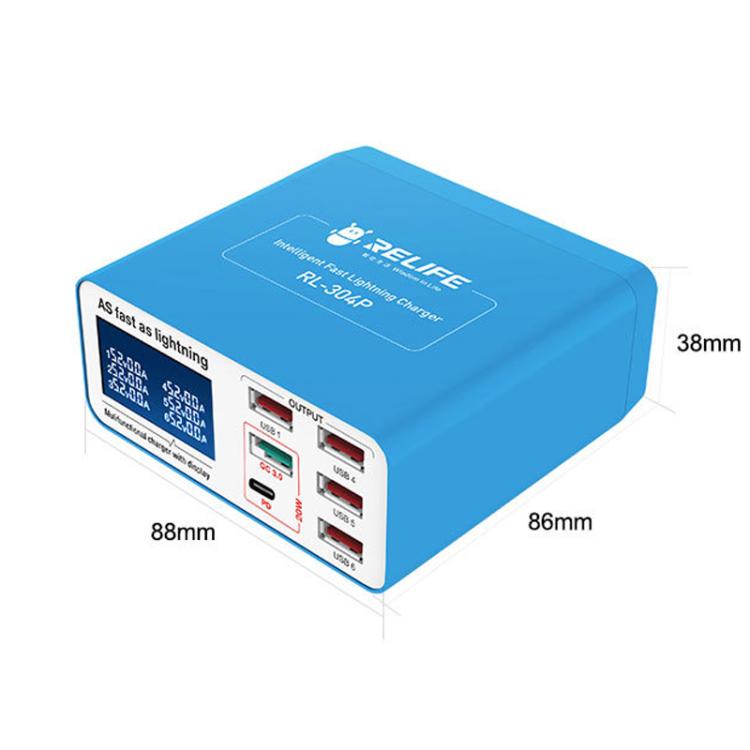 RELIFE RL-304P 6 Port Smart Digital Display Fast Charger Mobile Phone PD3.0+QC3.0 USB Charging Pile(EU Plug) - Multifunction Charger by RELIFE | Online Shopping UK | buy2fix