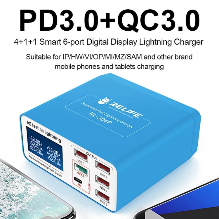 RELIFE RL-304P 6 Port Smart Digital Display Fast Charger Mobile Phone PD3.0+QC3.0 USB Charging Pile(US Plug) - Multifunction Charger by RELIFE | Online Shopping UK | buy2fix