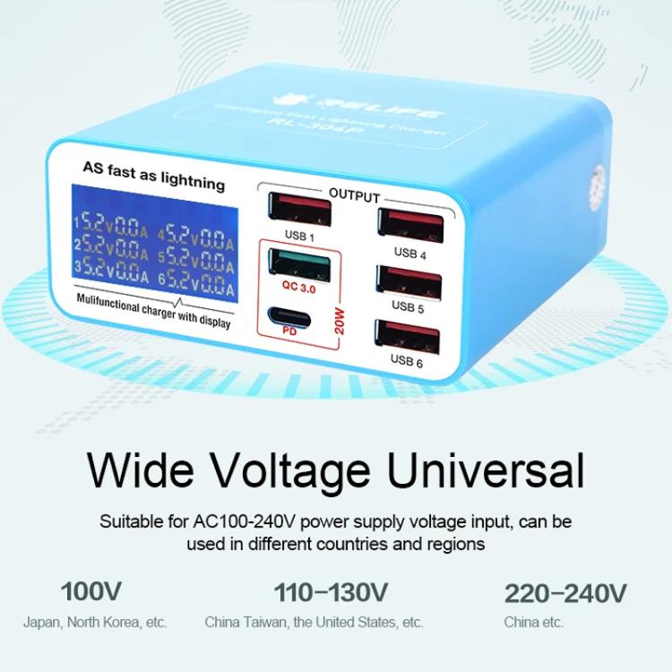 RELIFE RL-304P 6 Port Smart Digital Display Fast Charger Mobile Phone PD3.0+QC3.0 USB Charging Pile(US Plug) - Multifunction Charger by RELIFE | Online Shopping UK | buy2fix